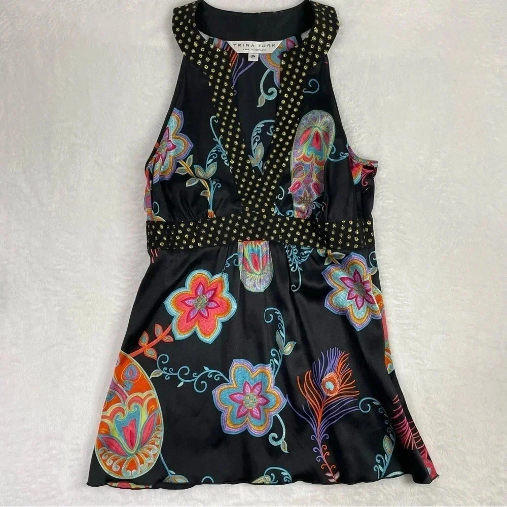 Trina Turk Y2K Silk Babydoll Dark Floral Whimsigoth Black Paisley Camisole